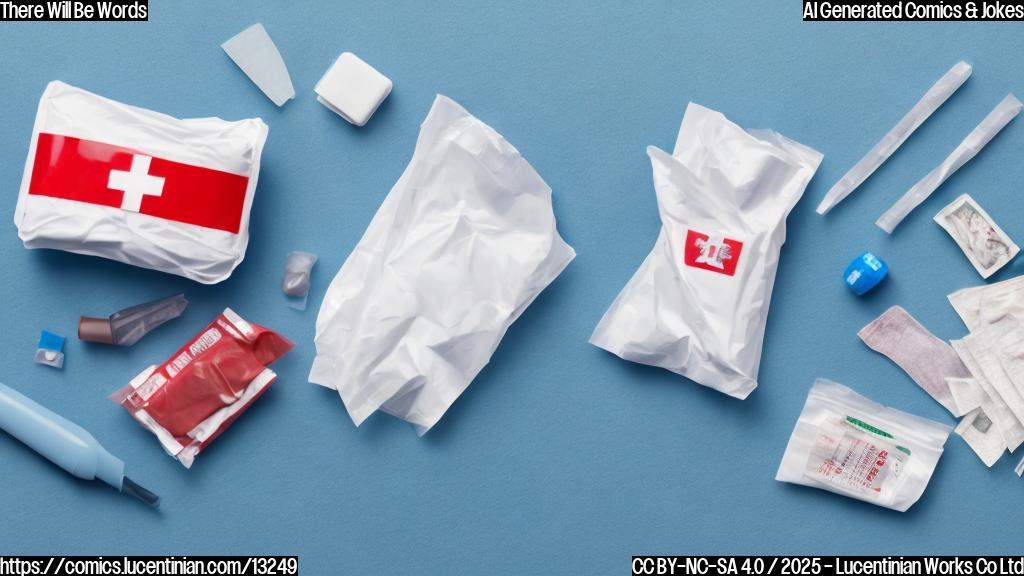 a simple cartoon image of a first aid kit with a bandage and antiseptic wipes, placed on a table with a microphone. the background is a plain light blue color.
