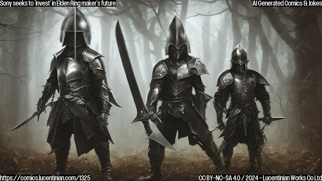 A large, shadowy figure with a helmet and a large sword leaning against a wall. The figure is surrounded by various swords and shields. The background is a dark, misty forest.