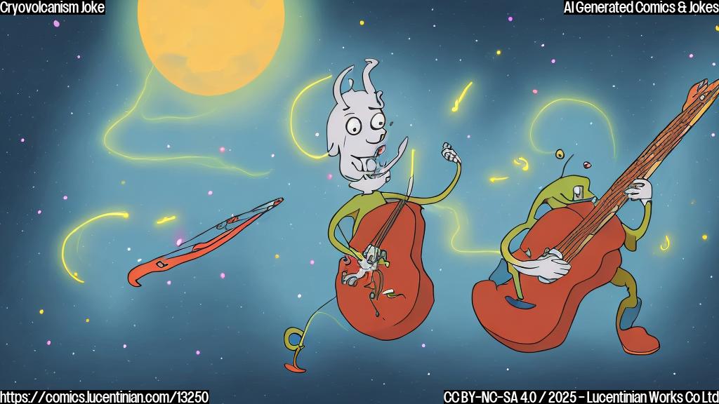 a cartoon comet with a musical instrument on a dark background, plain color style
