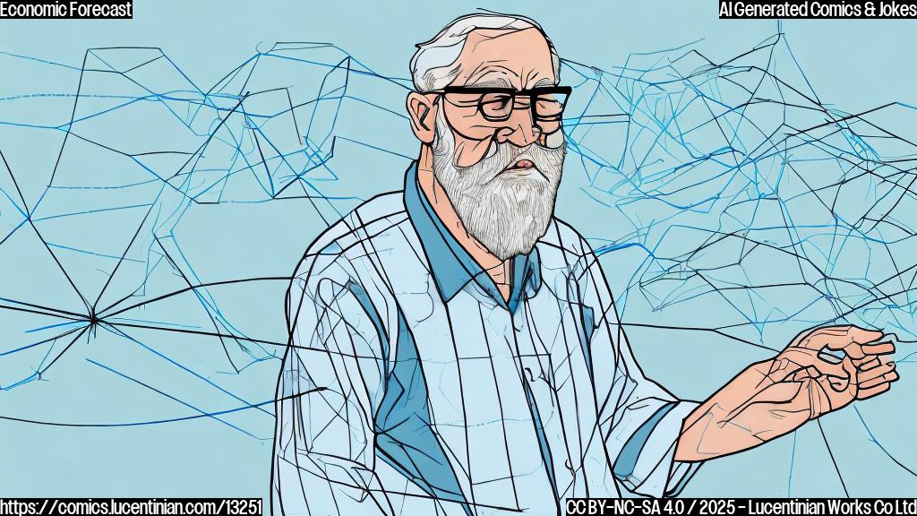 cartoon style, plain light blue background, an old man with glasses and a white beard is sweating looking at a graph with a line going down and an upward pointing arrow besides it.