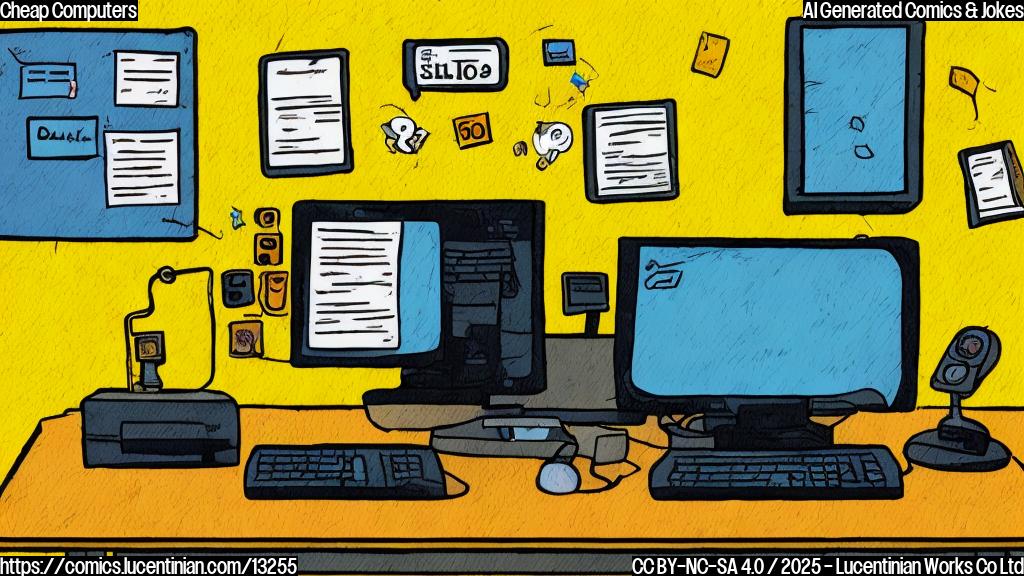 a cartoon of a sad looking desktop computer with a price tag labeled "99$", plain yellow background