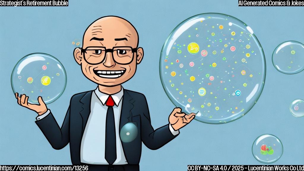 A simple, plain color cartoon of a cheerful, balding man with glasses wearing a business suit, popping a large bubble with a pin. Other smaller bubbles float around him, some containing icons representing consumer goods, healthcare symbols, and simplified AI circuits. The background is a single solid color, light blue.