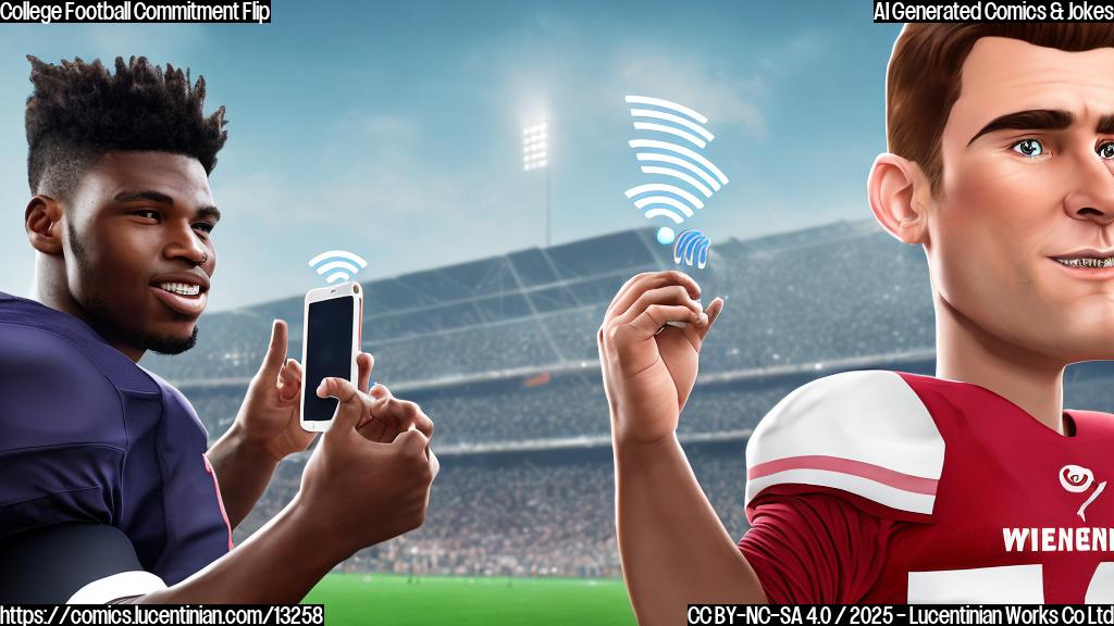 Cartoon image of a football player in uniform looking confused while holding a smartphone with a weak Wi-Fi signal. The background shows two college stadiums, one with a strong Wi-Fi symbol and the other with a weak one. The style should be simple and brightly colored.