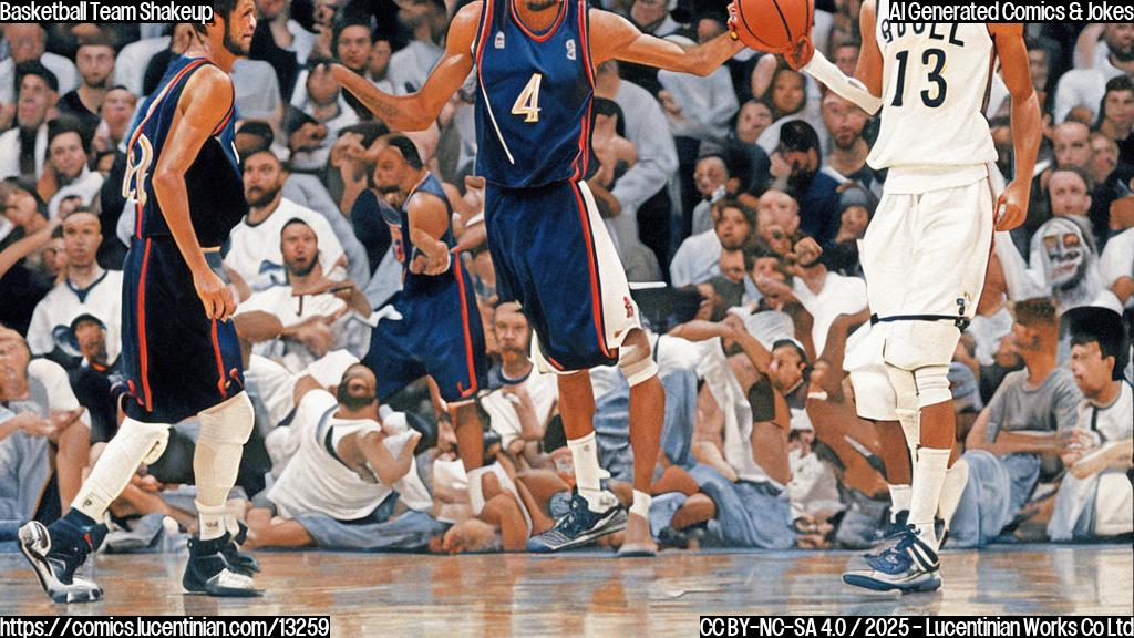 A simple, plain color cartoon style image of two basketball players looking surprised. One player is tall with a beard, and the other is wearing a number two jersey. In the background, there is a basketball hoop