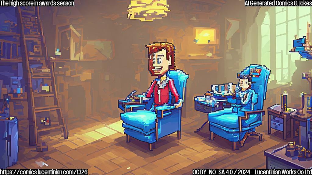 A pixelated, cartoonish image of a gamer sitting on a throne-like chair, with a ladder leaning against it and a trophy on the table in front of them. The gamer is holding a controller and wearing a determined expression.