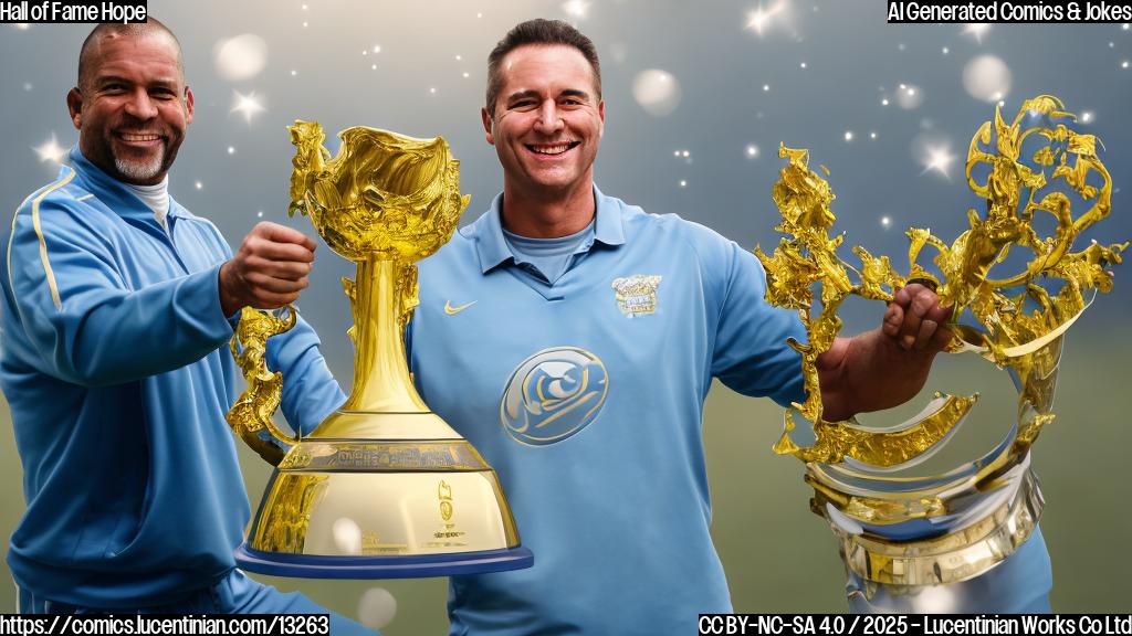 A cartoon-style image of a football coach with a focused expression, meticulously polishing a large, golden trophy with a beaming smile. The trophy is slightly larger than life, reflecting light dramatically. The background is a plain, light blue color.