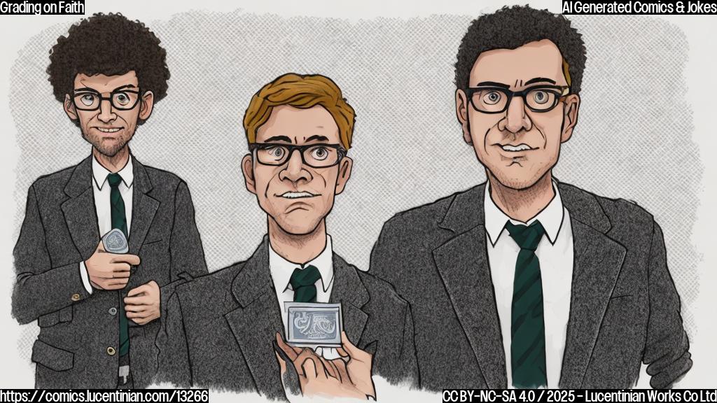 A cartoon drawing in a plain style. A stern-looking professor with glasses and a tweed jacket stands at a podium, marked with a university logo. He is holding up a paper with a large, red "F" on it. In front of him, a student with a confused expression scratches their head. The background is a simple classroom setting with a chalkboard.