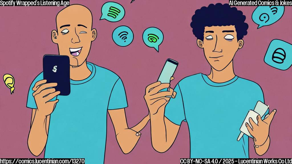 cartoon illustration of a young adult with a confused expression, looking at a phone displaying a "Spotify Wrapped" screen showing a listening age much older than their appearance. The background should be a plain light blue.
