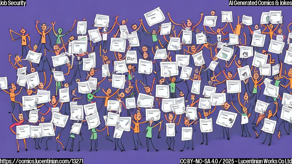 A cartoon-style image depicting a group of diverse stick figures celebrating wildly, holding up certificates that read "Employee of the Month". The background is a plain light blue color.