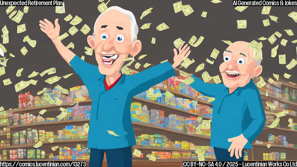 Cartoon of an eighty-eight-year-old man in a grocery store uniform, looking surprised and delighted, with dollar signs raining down around him. Background is a simple grocery store aisle in plain light color.