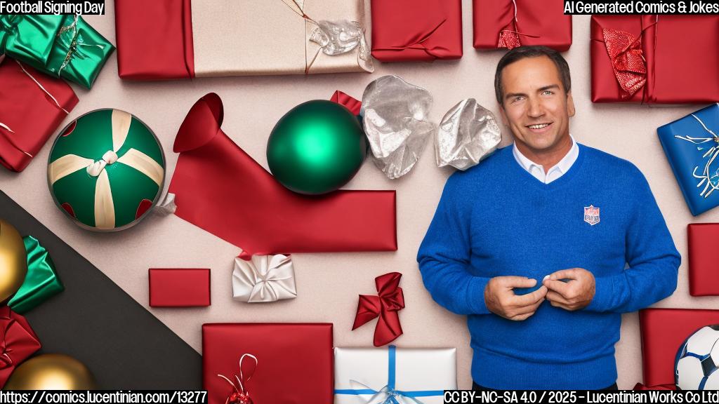 a simple cartoon of a football coach, wearing a blue sweater and khakis, meticulously wrapping a football with shiny red wrapping paper and a big green bow. The background is a plain yellow.