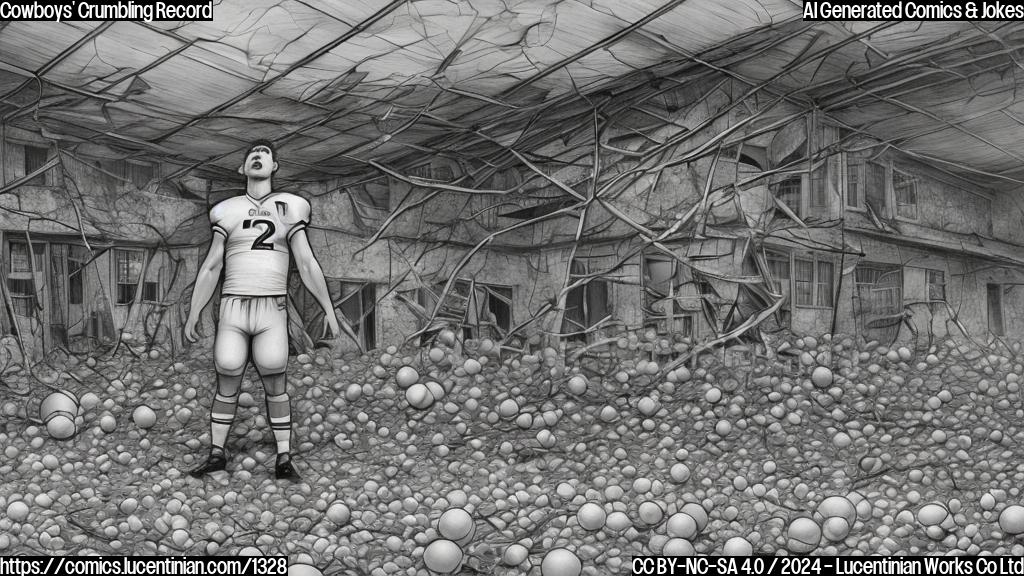 Draw a cartoon of a football player standing under a broken roof, holding a defeated expression and surrounded by scattered footballs, with a faint image of a stadium in the background.