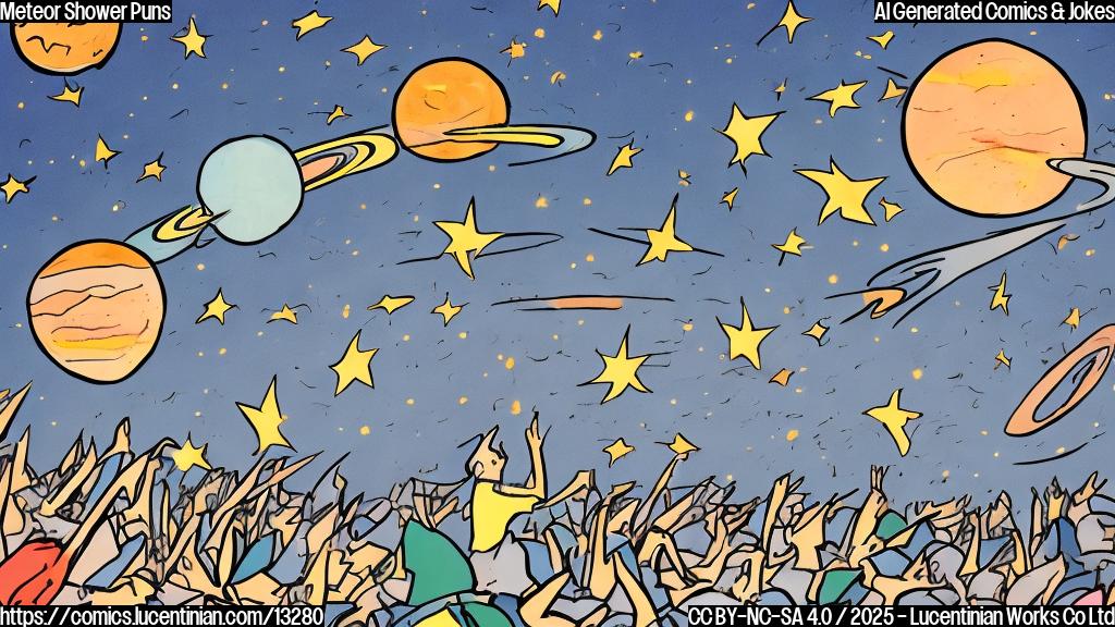 A plain color cartoon style picture of a shooting star bowing on a stage with spotlights and an audience of planets clapping.