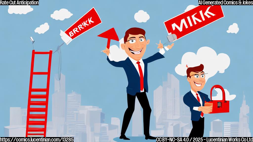 A cartoon image of a smiling investor with a briefcase, carrying a bright red ladder towards a tall building labeled "Stock Market," with arrows pointing upwards all around. The background is a plain light blue.