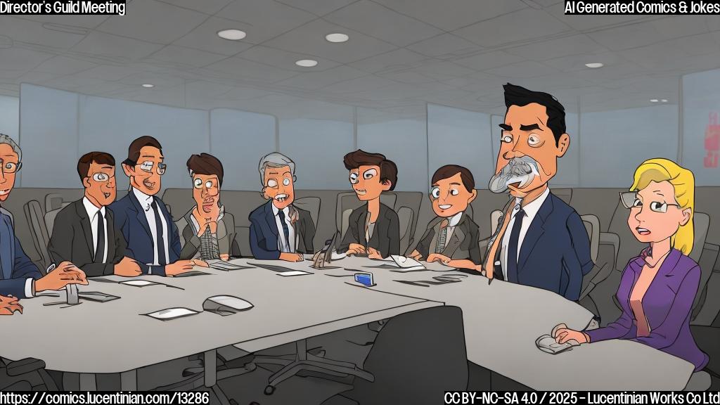 A cartoon image showing a serious-looking group of people sitting around a conference table. One person, labeled "Director's Guild," is pointing at a large screen displaying the Netflix logo. Another person, representing Netflix, looks nervous. The overall style is plain color, simple, and conveys a sense of discussion.