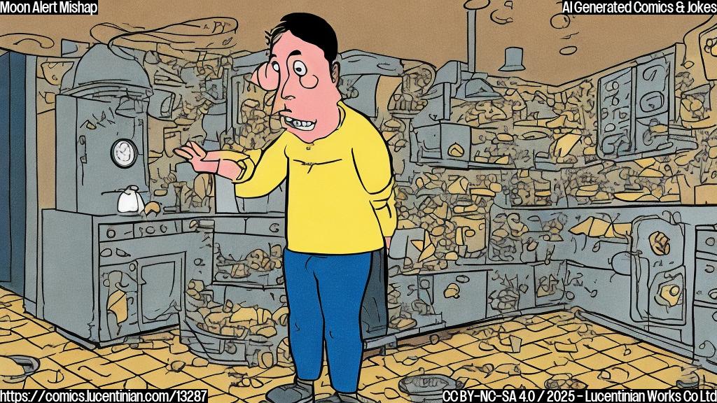 A plain color cartoon of a confused person standing in a kitchen filled entirely with cheese graters of all shapes and sizes, looking bewildered. The clock on the wall shows 7:30 p.m. The color of the cartoon is light yellow.