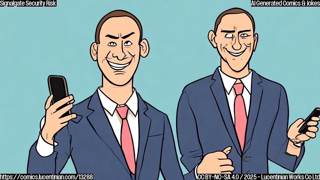 a cartoon style drawing of a serious looking, middle-aged man in a suit, holding up a smartphone with a beaming smile. The background is a plain light blue.