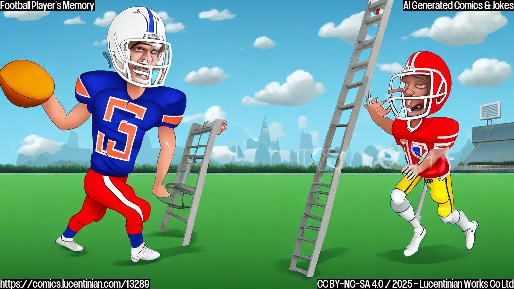 A cartoon image of a football player in full gear carrying a ladder onto a football field. The sky is bright blue and the field is green. The style is simple and colorful.