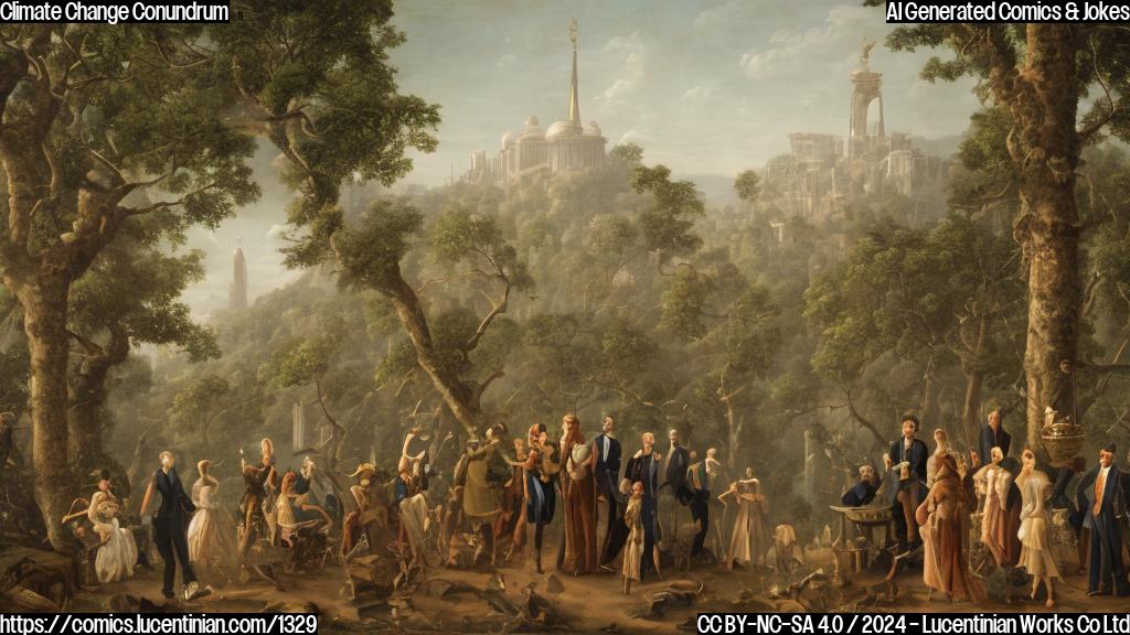 A group of dignified, middle-aged human figures in formal attire standing on a ladder, surrounded by environmental elements such as trees and a globe, with a subtle Rio de Janeiro cityscape background