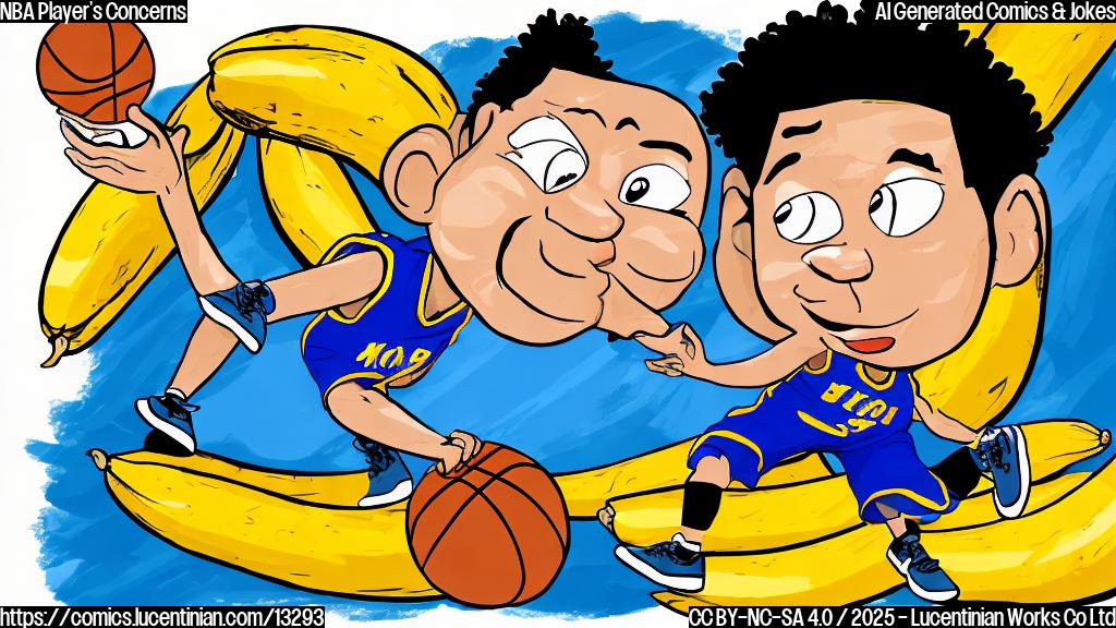 a cartoon basketball player with a worried expression slipping on a banana peel on a basketball court, plain color background