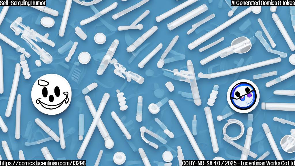A cartoon drawing of a medical chart with a smiley face on it, surrounded by cotton swabs and test tubes. The background is a plain light blue.
