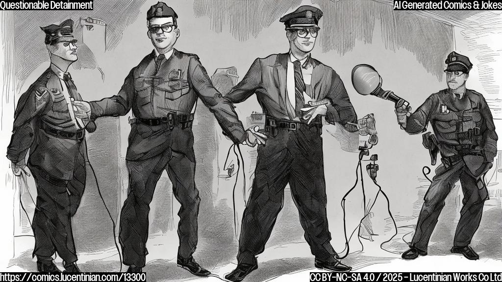 Cartoon image of a man with glasses standing on a stage with a microphone, a single spotlight shines on him. He has a surprised expression. Behind him, two uniformed police officers are approaching with handcuffs. The background is plain blue.