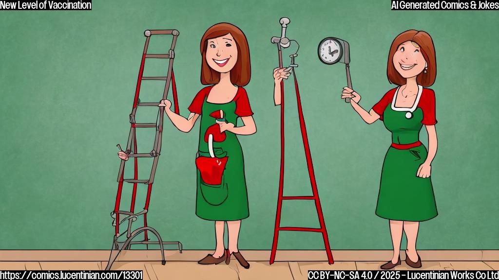 Draw a cartoon style picture of a smiling mother, in a green gown, holding a ladder and standing next to a red medical chart with a big X marked on it. The ladder should be leaning against a white wall with a stethoscope hanging from the top of the rungs.