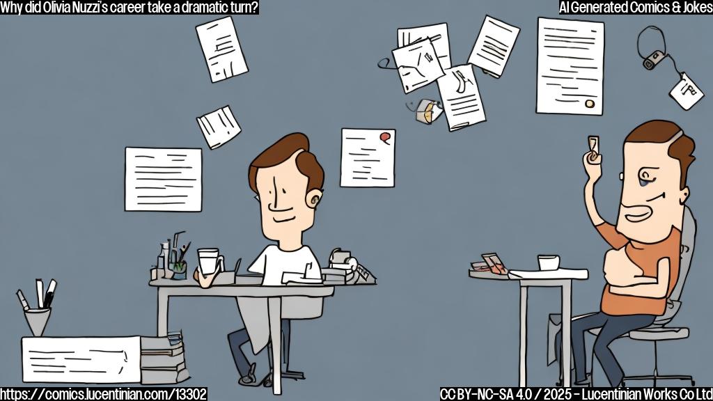 A cartoon of a person sitting at their desk with a phone in hand, looking stressed and surrounded by papers and coffee cups, while another person walks away from the desk with a "fired" stamp on it. The person who got fired is shown holding a phone with a tweet about their boss on the screen.