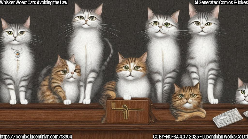 A cartoon of three cats sitting in front of a judge's bench, with one cat holding a miniature copy of the US Constitution and another cat peeking out from behind a lawyer's briefcase. The third cat is depicted as a mischievous-looking ball of fluff, with a sly grin on its face. The background should be a drab, institutional gray color.