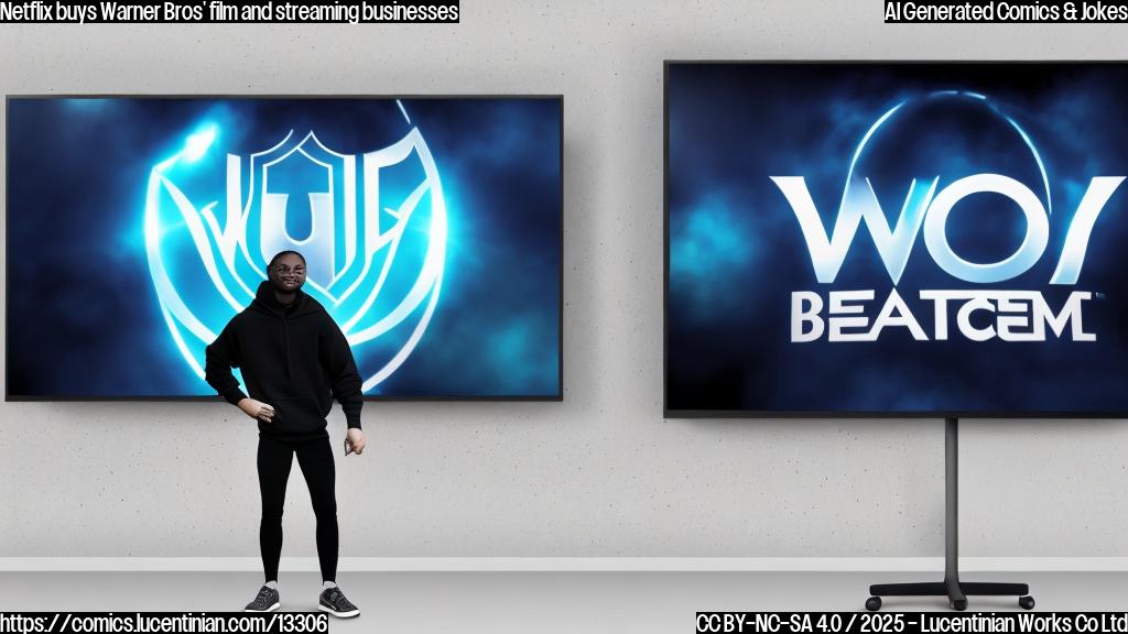 a cartoon of a smiling man in a black hoodie holding a remote control, standing in front of a giant TV screen displaying the Warner Bros logo. The background is a subtle gradient of blues and whites to represent streaming services.