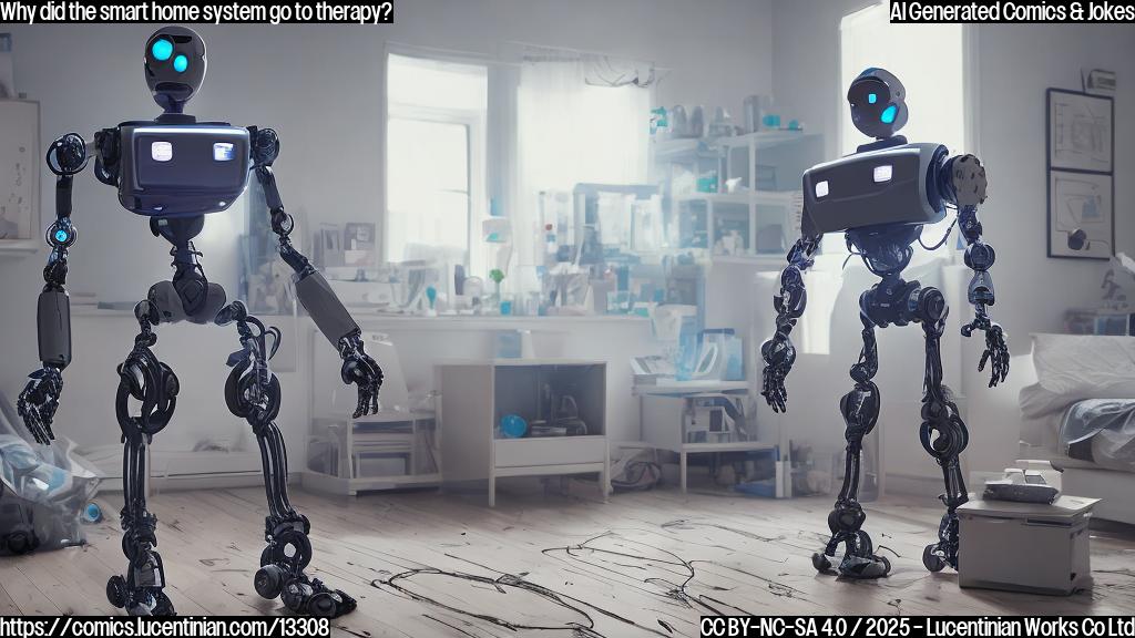 a generic-looking robot with a sad expression, surrounded by a messy smart home setup with controllers and devices malfunctioning