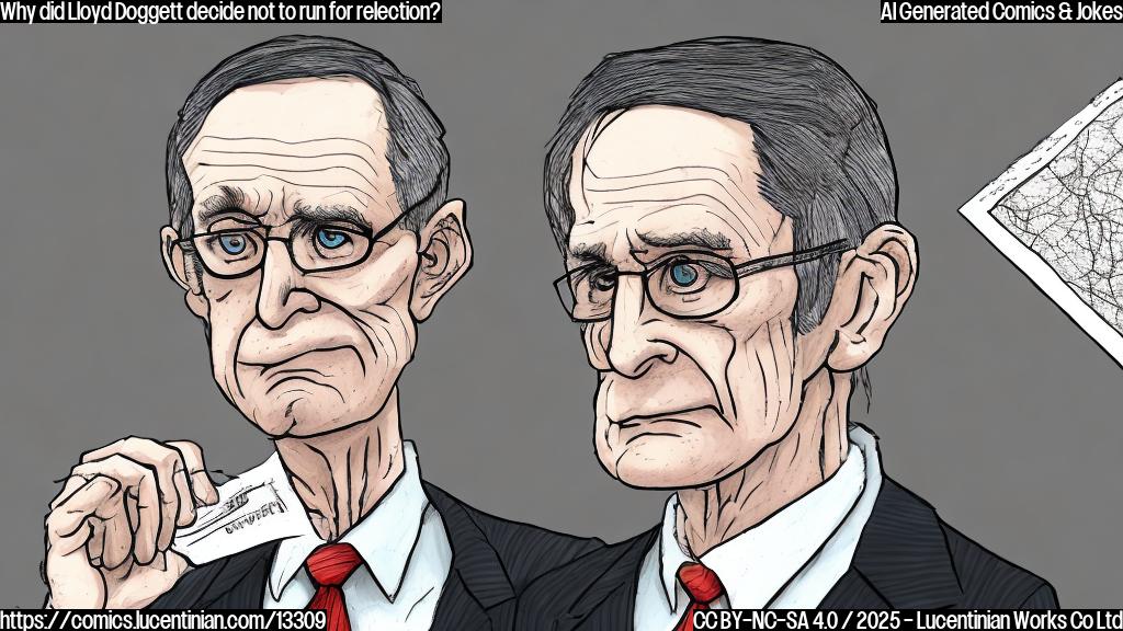 A cartoon-style drawing of a person (resembling Lloyd Doggett) trying to hold onto a small redistricting map with both hands, while looking frustrated and defeated in the background.