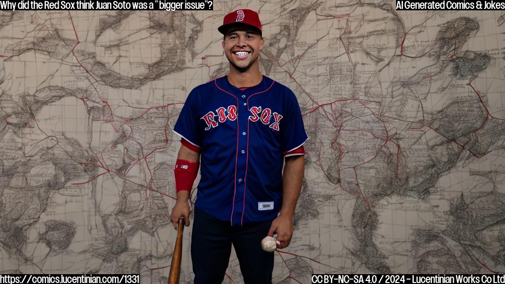 A baseball player with a big smile and a bat in hand, wearing a red Sox jersey, standing in front of a large map of the United States with a big X marked in Washington D.C.
The player is surrounded by baseballs, and there's a red border around them to represent their contract being out of bounds.