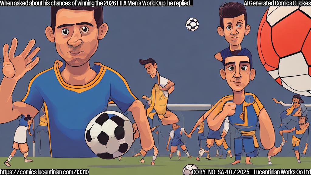 A cartoon style illustration of a person from Paraguay holding a ladder and standing in front of a soccer ball, with a determined look on his face. The background should be a blurred image of an American and Australian soccer player looking up at the ladder with surprise and skepticism.