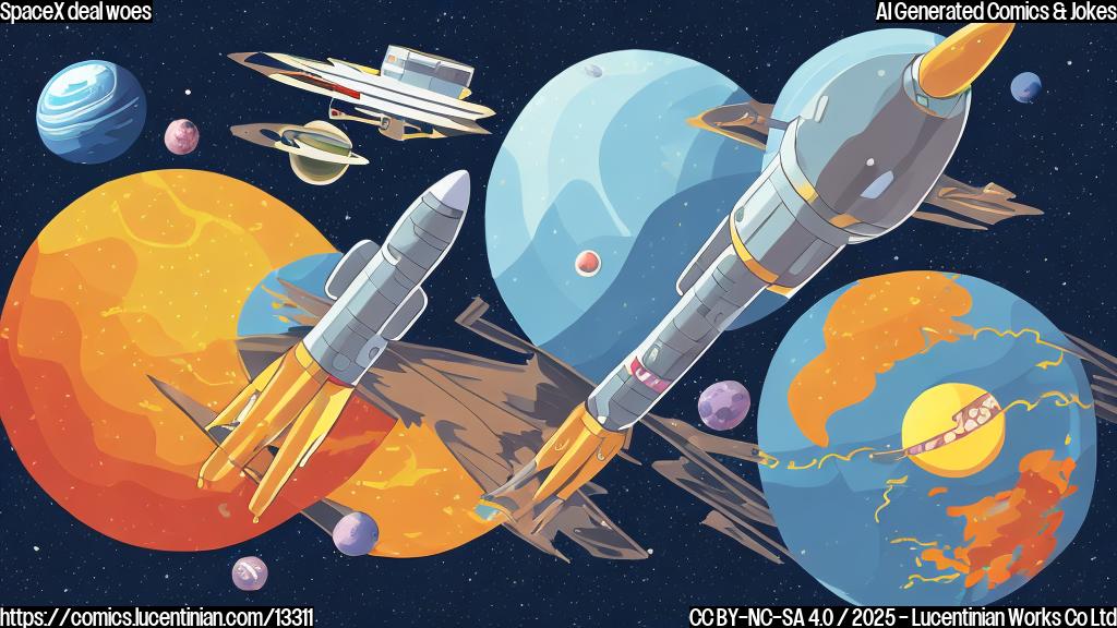 A colorful, plain cartoon style picture of a smiling star with a briefcase and a speech bubble saying "Merger" near a spaceship with the words "SpaceX" written in bold letters