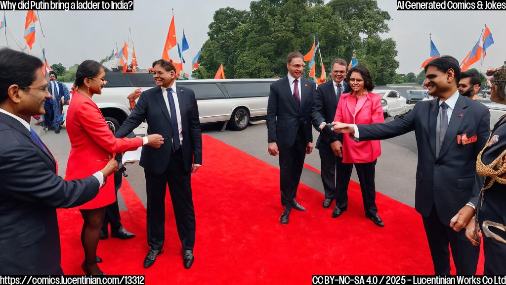 A man and a woman in a limousine, dressed in formal attire, shaking hands and smiling at each other, with the Indian Prime Minister's vehicle in the background, featuring a bright red carpet and a large crowd of people waving flags.