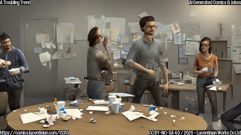 A small, troubled-looking game development studio with two people sitting at a table, looking concerned. The background is a messy office with papers and empty coffee cups scattered around. One person is holding a glass of water, while the other looks at them with a worried expression.