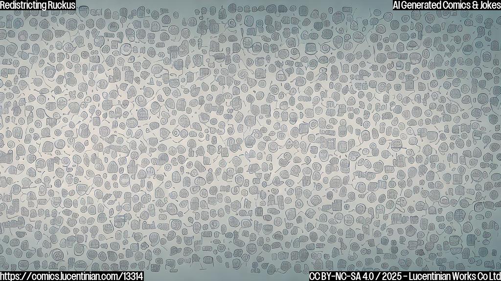 Illustrate a cartoonish redistricting commission, represented by 9 identical figures with curved lines forming their faces, sitting in a circle with a therapist (a neutral figure) on one side and a "redistricting report" file on the other.