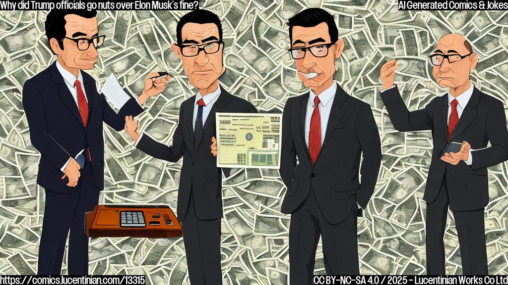 A cartoon of two stern-looking men in suits, with one holding a calculator and the other looking frazzled, surrounded by tiny dollar signs and a giant fine notice in the background.