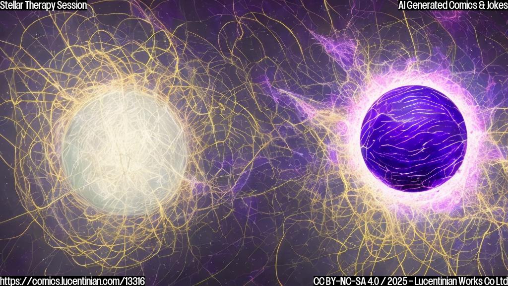 A large, glowing ball with intricate details and tendrils, surrounded by swirling purple gas, emitting bright blue light. The ball's surface is cracked and fragmented, with wisps of plasma escaping from the cracks.