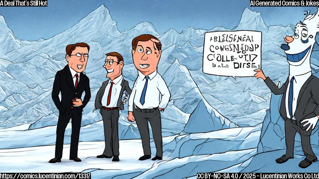 A cartoon of a businessman (resembling David Ellison) giving a cold look to another businessman (resembling David Zaslav), with a frozen tundra in the background and a "cold shoulder" written above them in red.