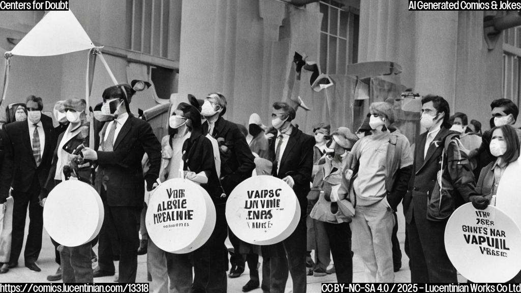 A group of people wearing masks and holding vaccine vials stand in front of a large megaphone, with RFK Jr. standing off to the side looking skeptical