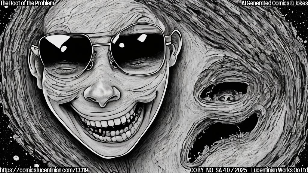 Draw a cartoon style picture of a smiling face with a big X marked on its jaw, surrounded by cracks and fissures, with a small worm-like creature peeking out from the crack near the mouth, wearing a pair of sunglasses.