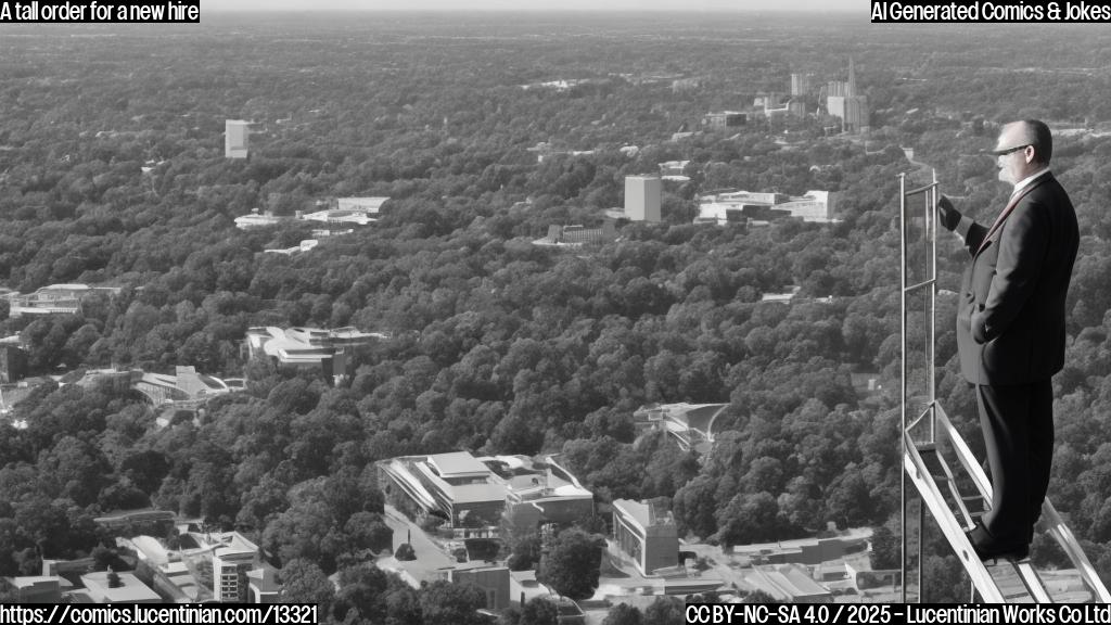 A middle-aged man with a briefcase and wearing a suit standing on top of a ladder, looking out at a distant university campus.