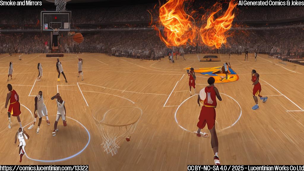 A cartoon of a basketball player running away from the court with flames engulfing the floor, while two teammates stand at the hoop looking shocked and helpless. The background is a blurred image of a packed Bridgestone Arena, with a faint image of a scoreboard reading "94-59" in the top right corner.