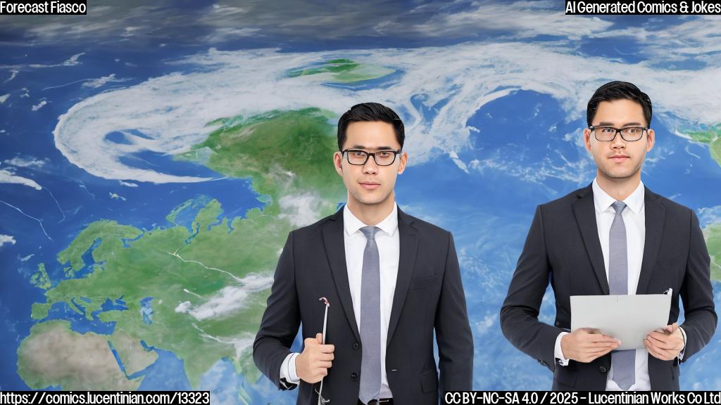 A person, dressed in a suit and holding a clipboard, is standing in front of a large computer screen displaying a weather map with three tropical storms forming across Asia. The person has a shocked expression on their face, as if they were expecting a calm day. The background is a typical office setting with a window showing a rainy day outside.