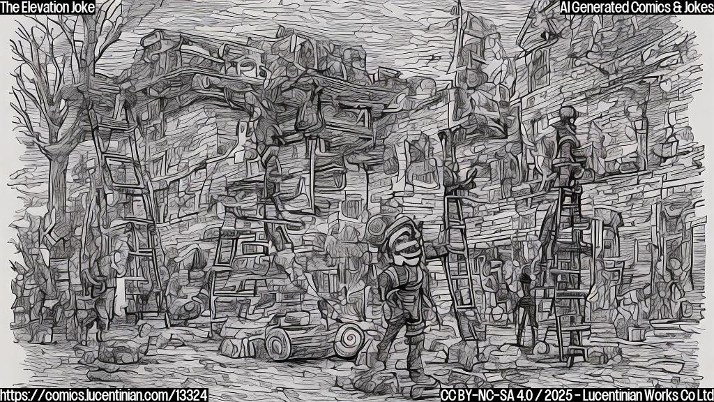 Draw a plain color cartoon style picture of a person (Hoosier) standing next to a ladder, with an Ohio State Buckeye in the background. The Hoosier should be wearing Indiana's iconic purple and gold colors, while the Buckeye should be dressed in Ohio State's scarlet and gray attire. The ladder should be prominently displayed, with a subtle hint of excitement or determination on the Hoosier's face.