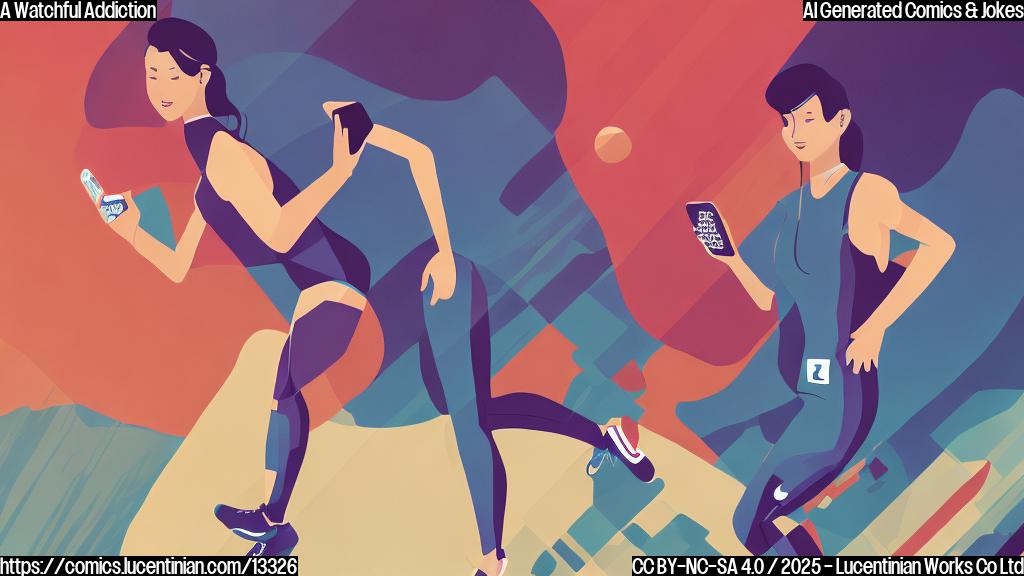 Generate an illustration of a young woman wearing a sleek running outfit and holding a smartphone. She's in the middle of a track, surrounded by other runners, with a determined expression on her face.