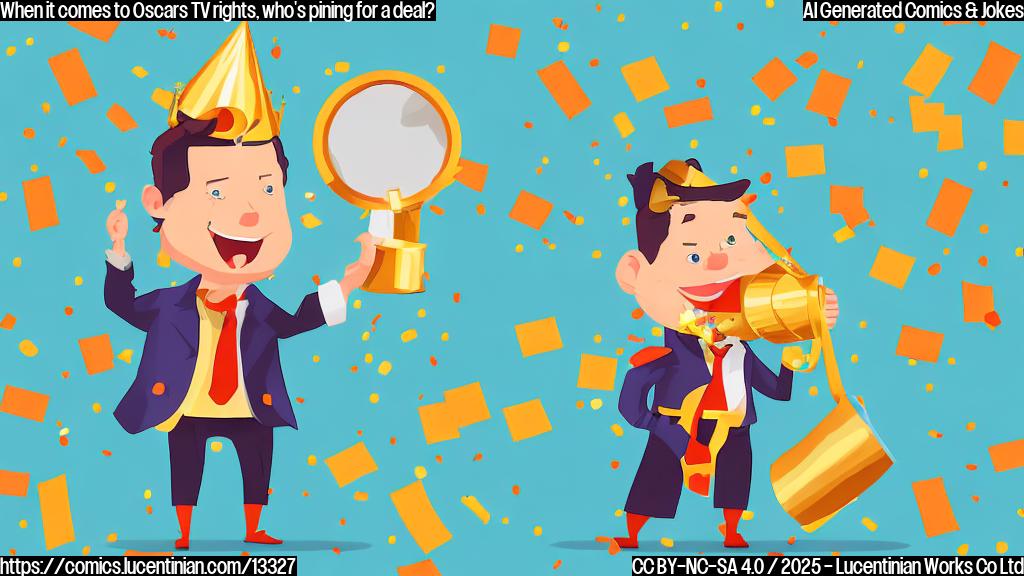 Illustrate a cartoon character holding an envelope with a megaphone in hand, surrounded by golden statuettes and confetti. The character should be wearing a stylish outfit, with a confident expression on their face.
