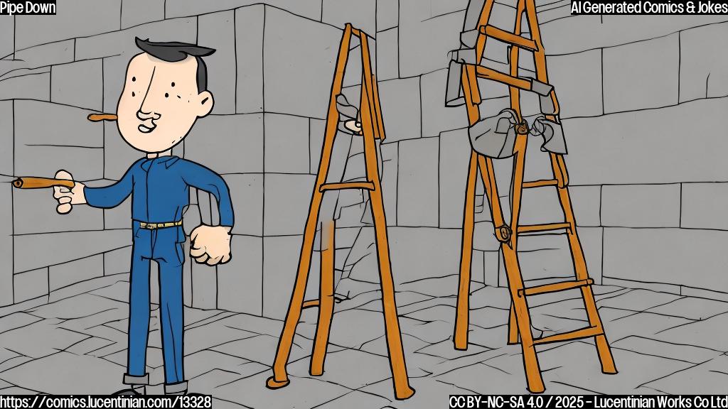 A plain color cartoon style picture of a person with a ladder in their hand standing in front of a courthouse